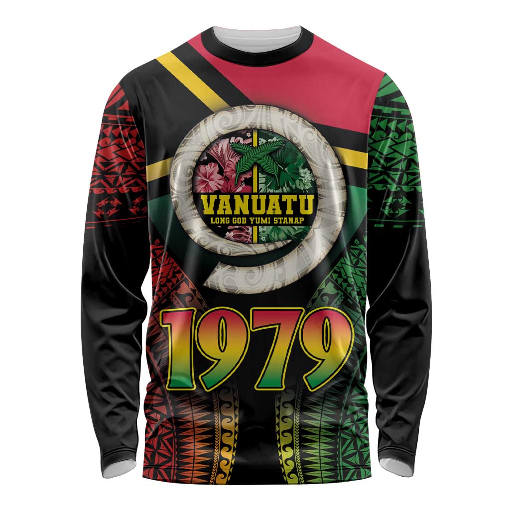 Vanuatu Constitution Day Long Sleeve Shirt Polynesian Tattoo and Pig Tusk Since 1979 LT03 Unisex Black - Polynesian Pride