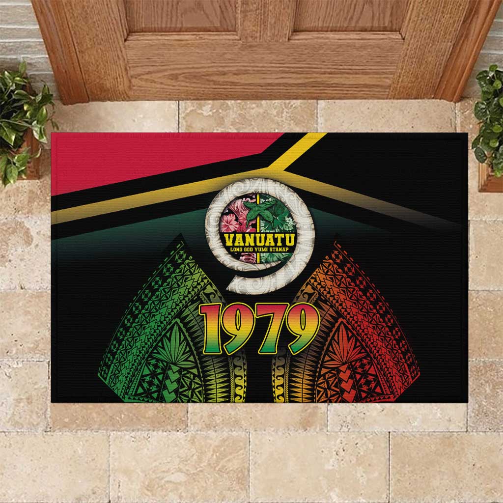 Vanuatu Constitution Day Rubber Doormat Polynesian Tattoo and Pig Tusk Since 1979 LT03 Black - Polynesian Pride