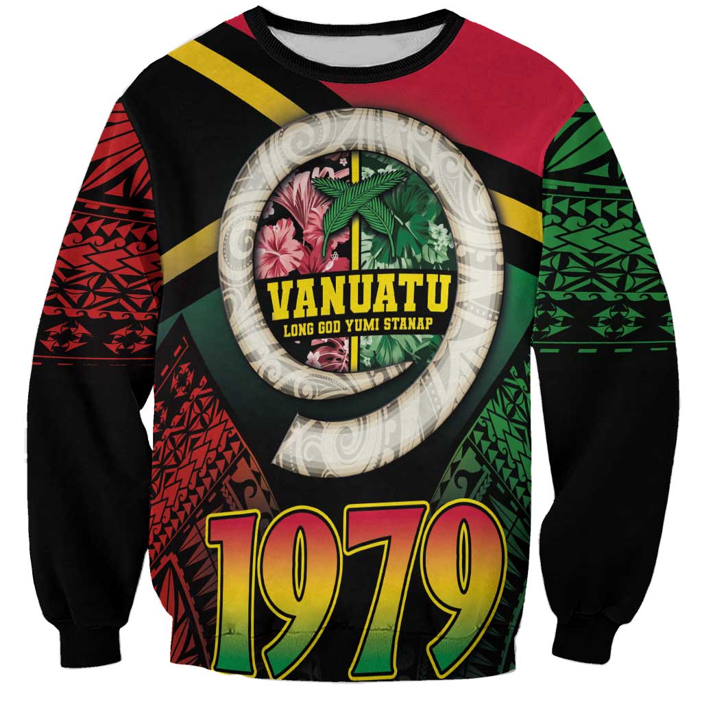 Vanuatu Constitution Day Sweatshirt Polynesian Tattoo and Pig Tusk Since 1979 LT03 Unisex Black - Polynesian Pride