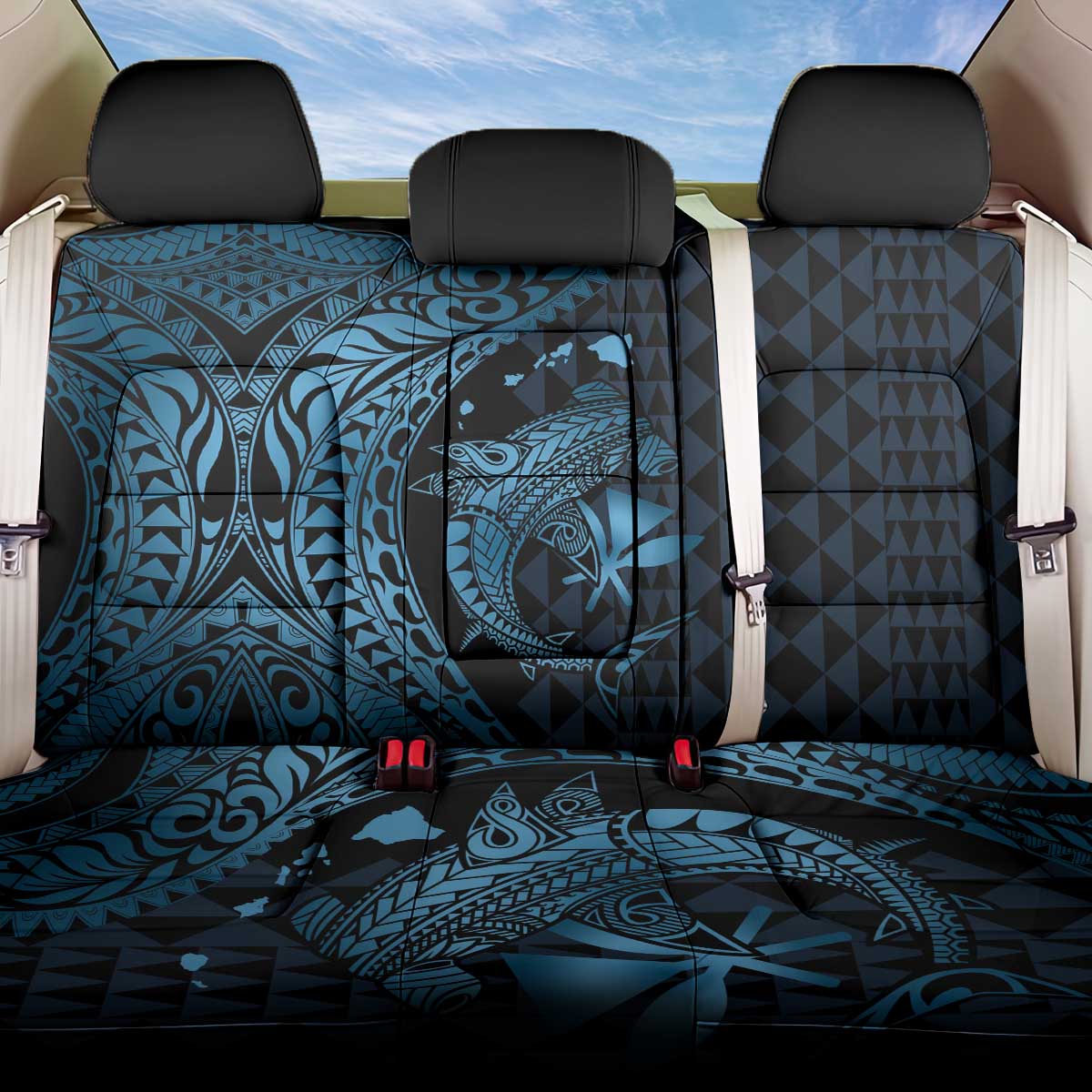 Aloha Hawaii Hammerhead Shark Back Car Seat Cover Blue Kakau and Polynesian Tattoo LT03 One Size Blue - Polynesian Pride