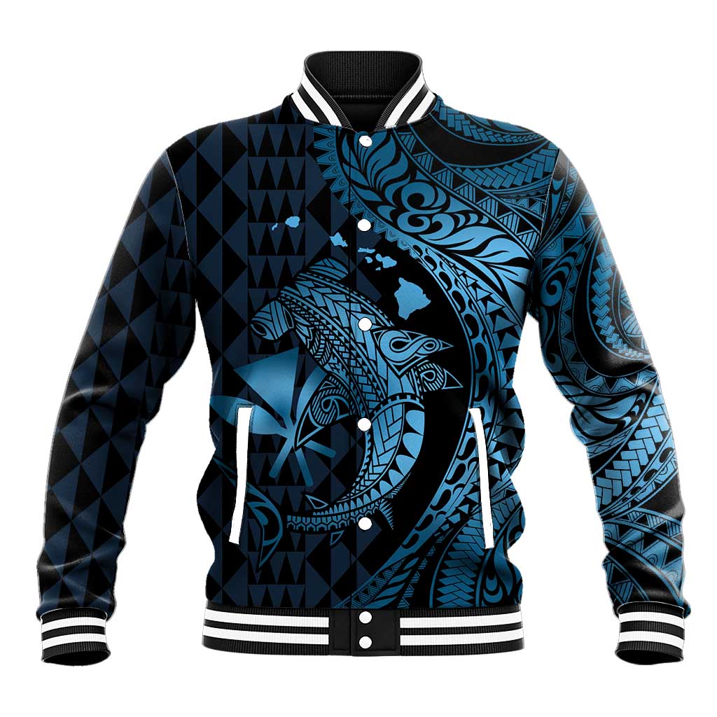 Aloha Hawaii Hammerhead Shark Baseball Jacket Blue Kakau and Polynesian Tattoo LT03 Unisex Blue - Polynesian Pride