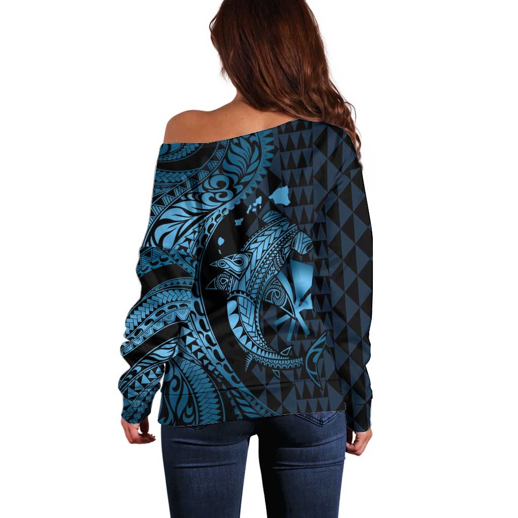 Aloha Hawaii Hammerhead Shark Off Shoulder Sweater Blue Kakau and Polynesian Tattoo LT03 - Polynesian Pride