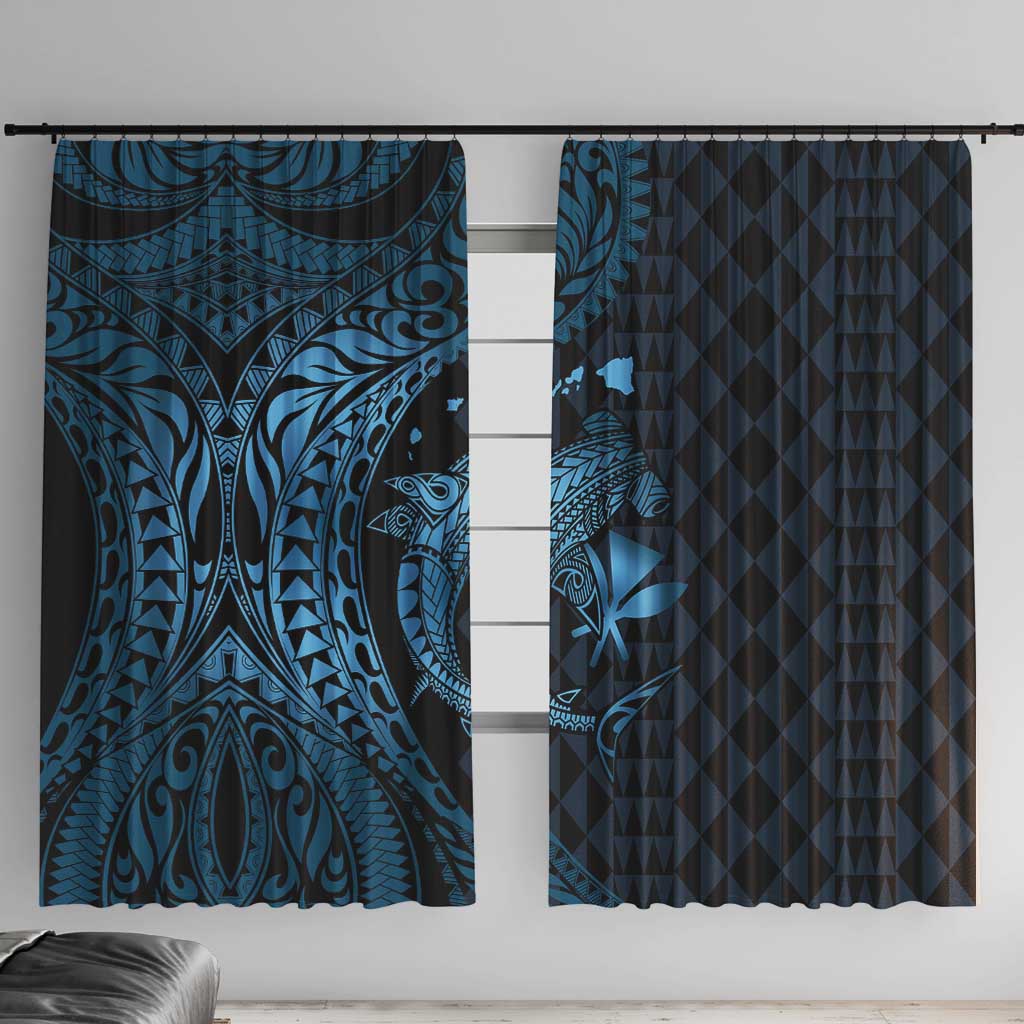 Aloha Hawaii Hammerhead Shark Window Curtain Blue Kakau and Polynesian Tattoo LT03 With Hooks Blue - Polynesian Pride