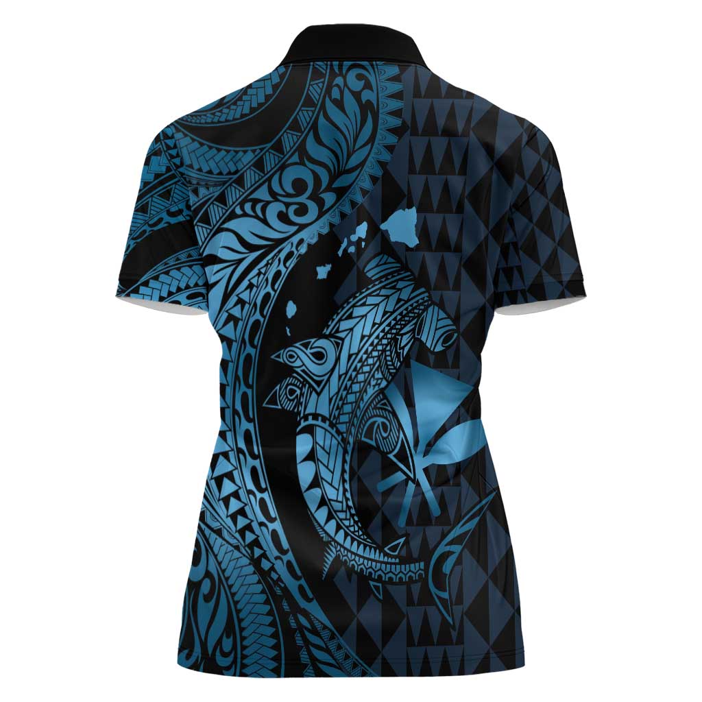 Aloha Hawaii Hammerhead Shark Women Polo Shirt Blue Kakau and Polynesian Tattoo LT03 - Polynesian Pride