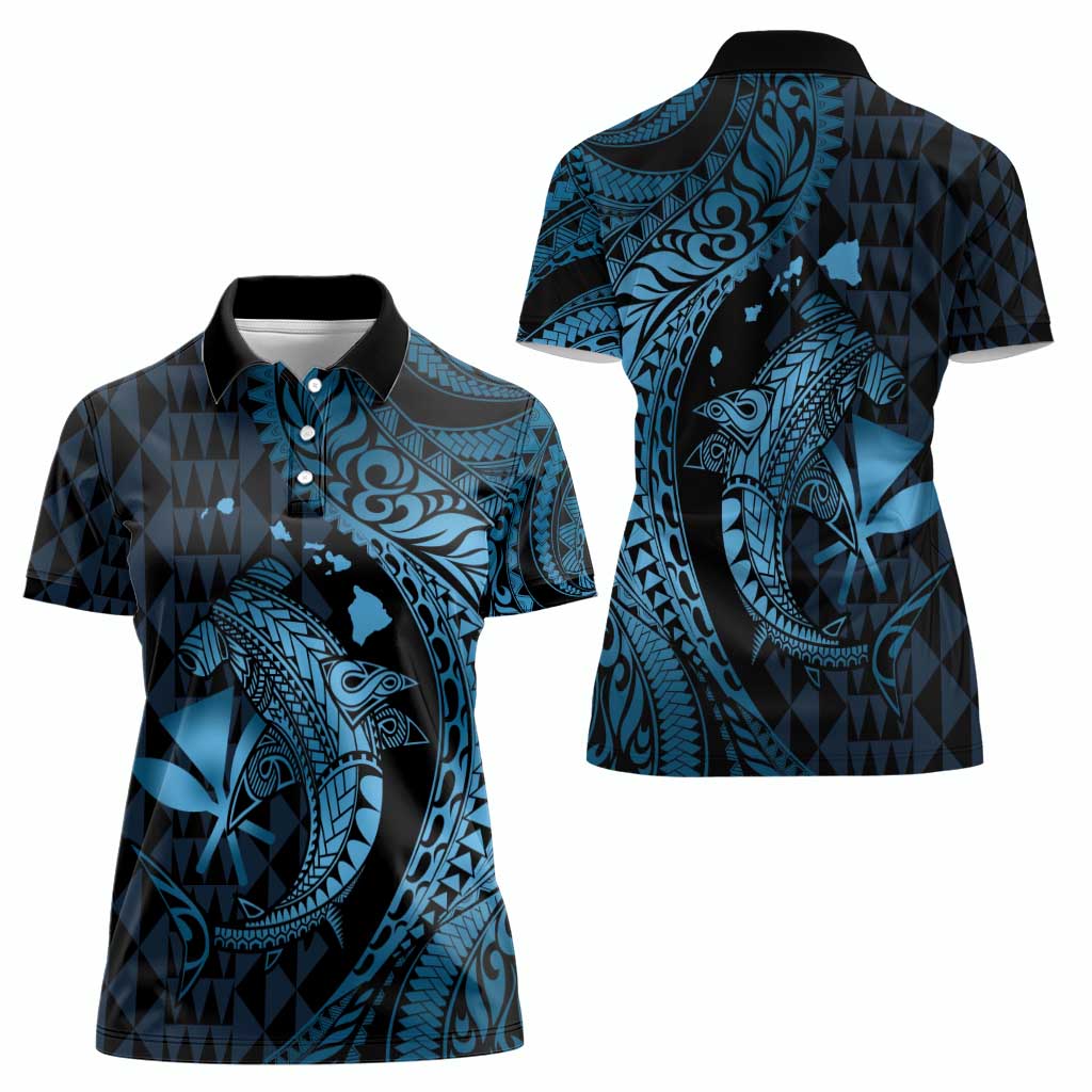 Aloha Hawaii Hammerhead Shark Women Polo Shirt Blue Kakau and Polynesian Tattoo LT03 - Polynesian Pride