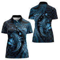 Aloha Hawaii Hammerhead Shark Women Polo Shirt Blue Kakau and Polynesian Tattoo LT03 - Polynesian Pride