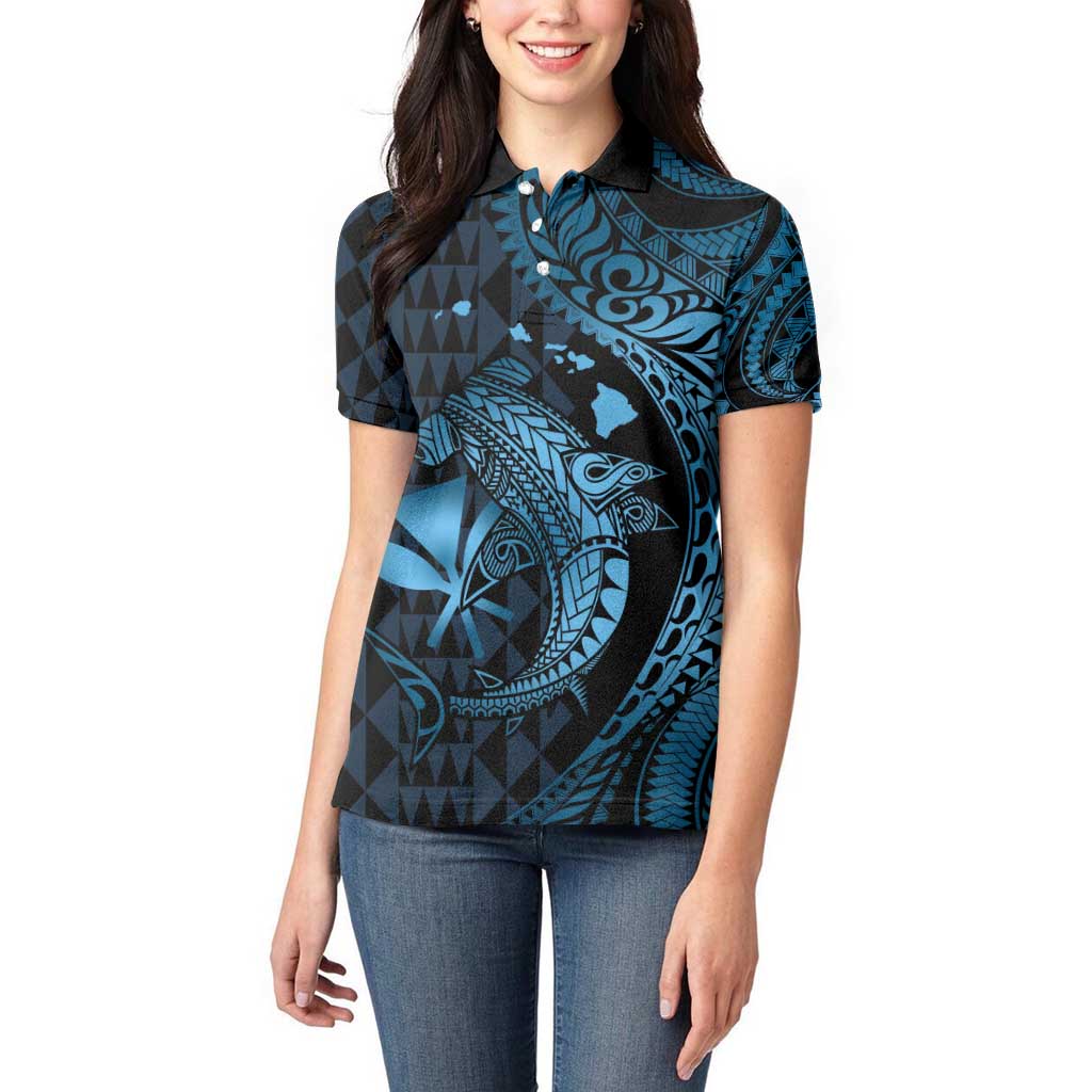 Aloha Hawaii Hammerhead Shark Women Polo Shirt Blue Kakau and Polynesian Tattoo LT03 - Polynesian Pride