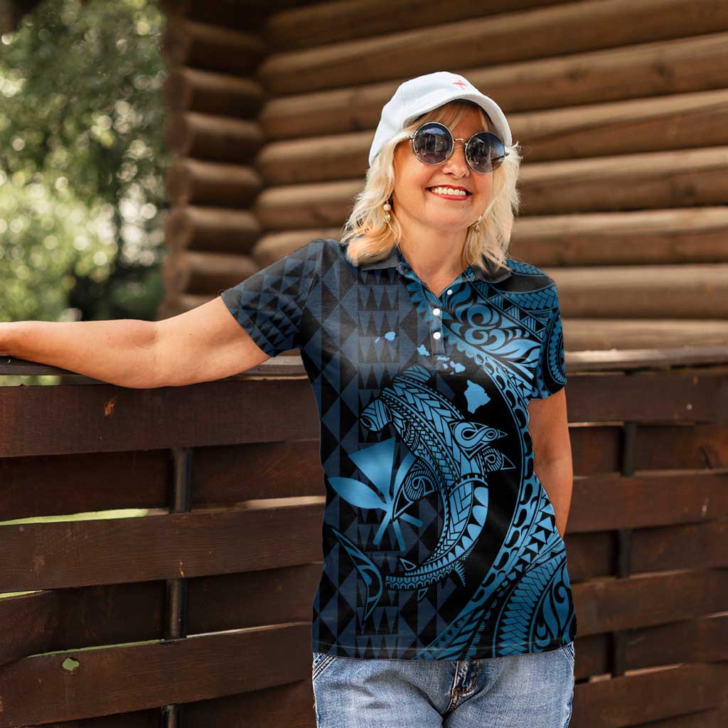 Aloha Hawaii Hammerhead Shark Women Polo Shirt Blue Kakau and Polynesian Tattoo LT03 - Polynesian Pride