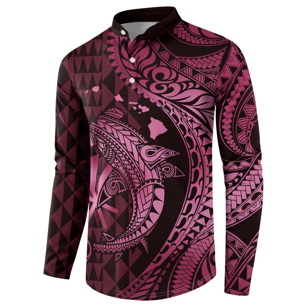 Aloha Hawaii Hammerhead Shark Button Sweatshirt Pink Kakau and Polynesian Tattoo LT03 - Polynesian Pride