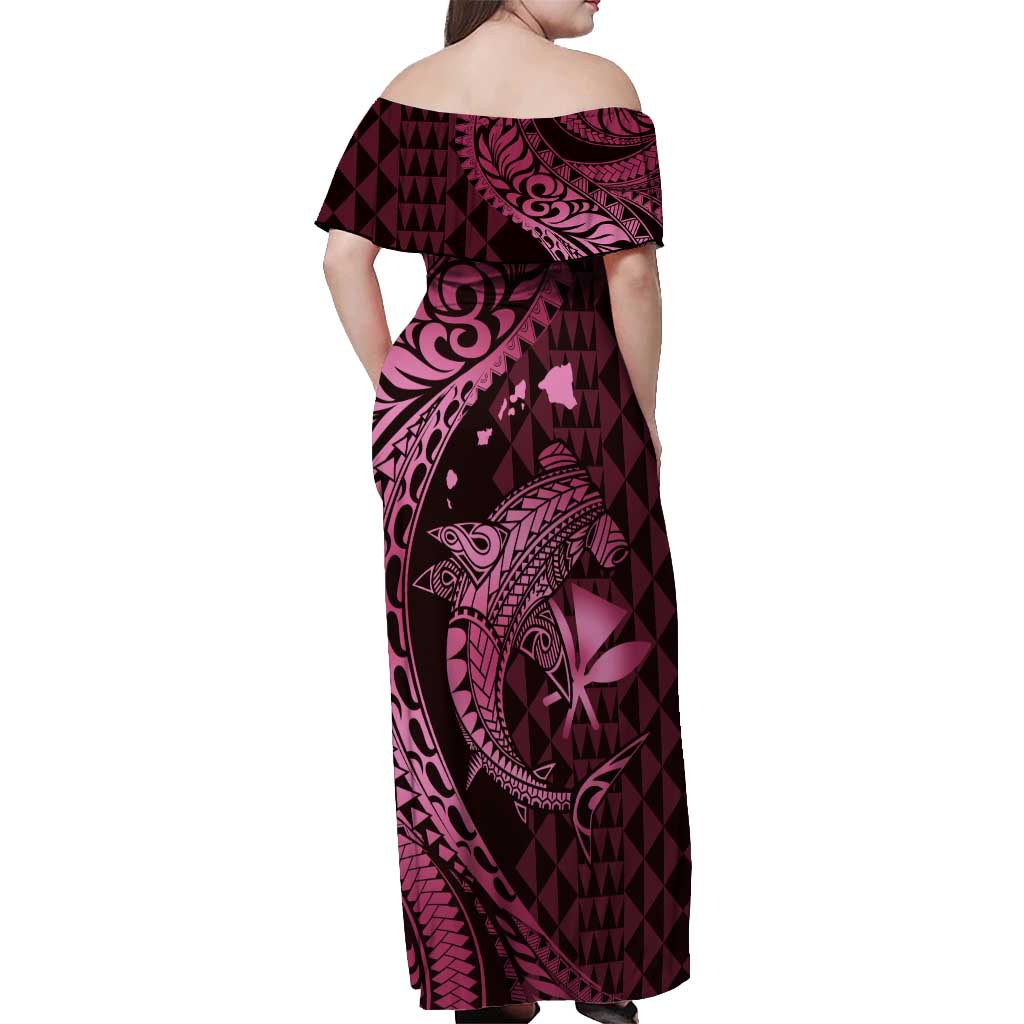 Aloha Hawaii Hammerhead Shark Off Shoulder Maxi Dress Pink Kakau and Polynesian Tattoo LT03 - Polynesian Pride