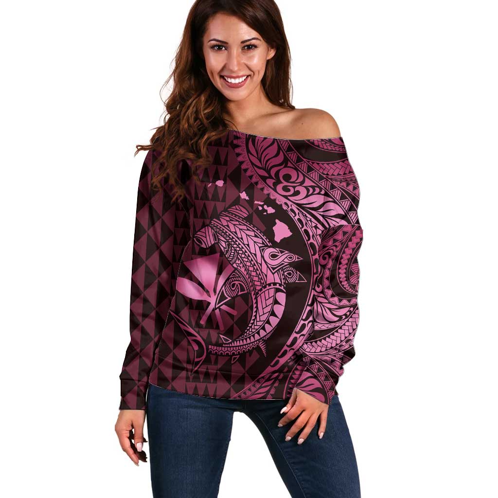Aloha Hawaii Hammerhead Shark Off Shoulder Sweater Pink Kakau and Polynesian Tattoo LT03 Women Pink - Polynesian Pride