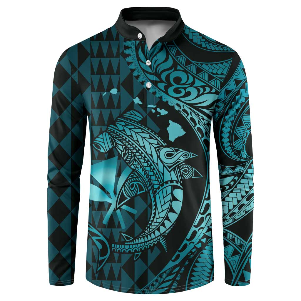 Aloha Hawaii Hammerhead Shark Button Sweatshirt Turquoise Kakau and Polynesian Tattoo LT03 Turquoise - Polynesian Pride