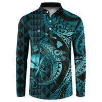 Aloha Hawaii Hammerhead Shark Button Sweatshirt Turquoise Kakau and Polynesian Tattoo LT03 Turquoise - Polynesian Pride