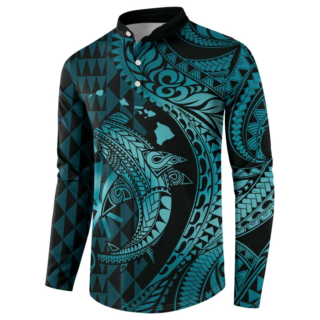 Aloha Hawaii Hammerhead Shark Button Sweatshirt Turquoise Kakau and Polynesian Tattoo LT03 - Polynesian Pride