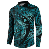 Aloha Hawaii Hammerhead Shark Button Sweatshirt Turquoise Kakau and Polynesian Tattoo LT03 - Polynesian Pride