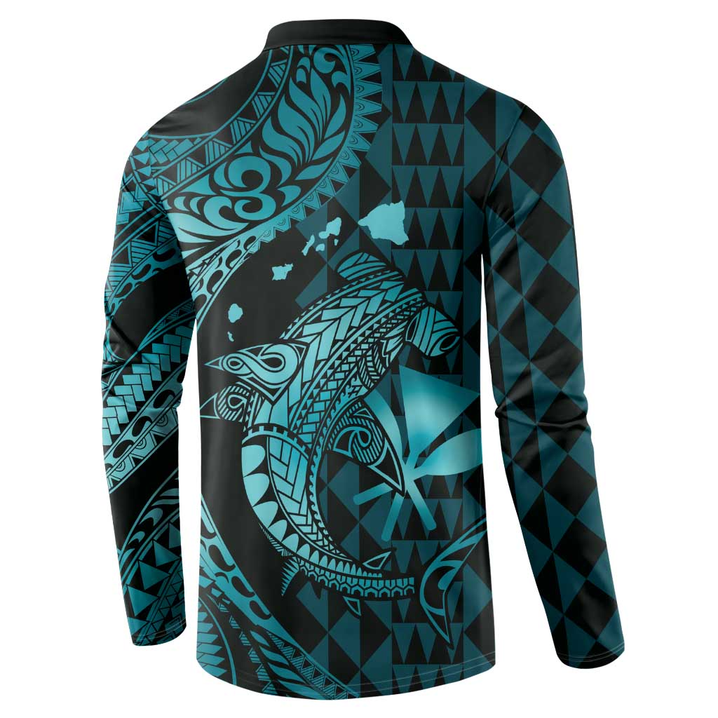 Aloha Hawaii Hammerhead Shark Button Sweatshirt Turquoise Kakau and Polynesian Tattoo LT03 - Polynesian Pride