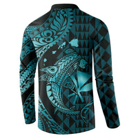 Aloha Hawaii Hammerhead Shark Button Sweatshirt Turquoise Kakau and Polynesian Tattoo LT03 - Polynesian Pride