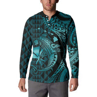 Aloha Hawaii Hammerhead Shark Button Sweatshirt Turquoise Kakau and Polynesian Tattoo LT03 - Polynesian Pride