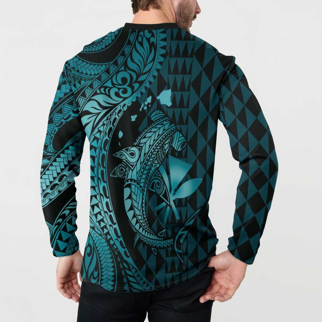 Aloha Hawaii Hammerhead Shark Button Sweatshirt Turquoise Kakau and Polynesian Tattoo LT03 - Polynesian Pride
