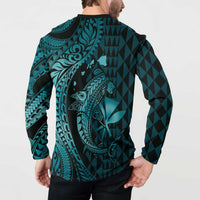 Aloha Hawaii Hammerhead Shark Button Sweatshirt Turquoise Kakau and Polynesian Tattoo LT03 - Polynesian Pride