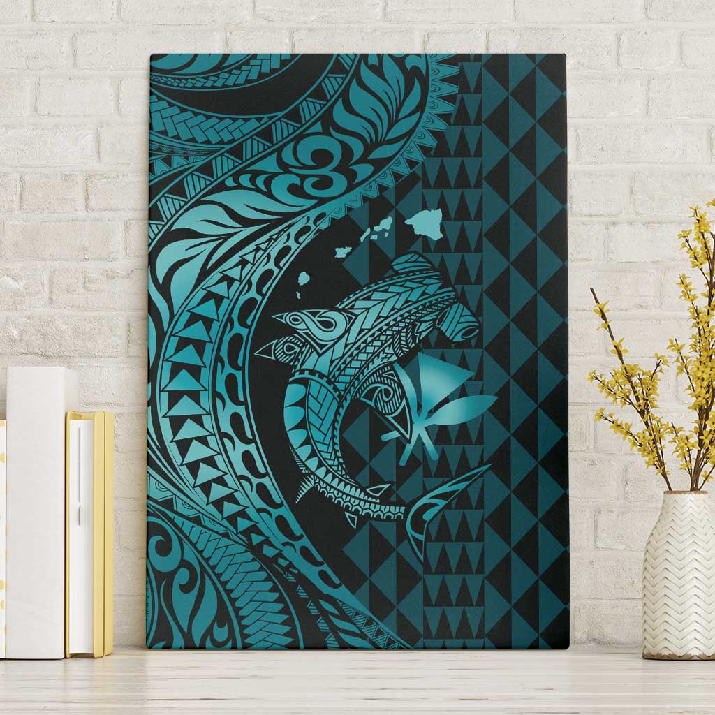 Aloha Hawaii Hammerhead Shark Canvas Wall Art Turquoise Kakau and Polynesian Tattoo LT03 Without Frame Turquoise - Polynesian Pride