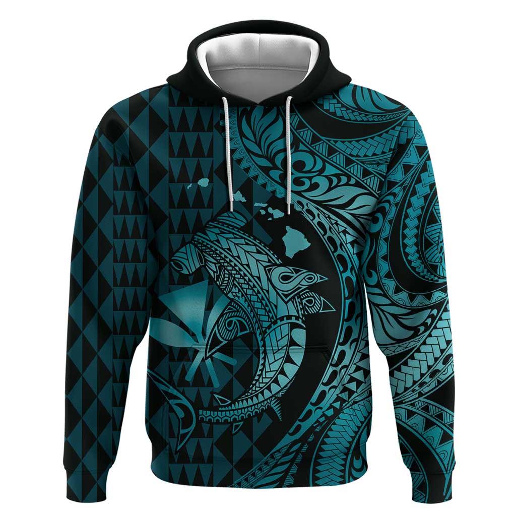 Aloha Hawaii Hammerhead Shark Hoodie Turquoise Kakau and Polynesian Tattoo LT03 Pullover Hoodie Turquoise - Polynesian Pride