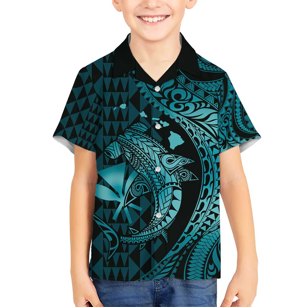 Aloha Hawaii Hammerhead Shark Kid Hawaiian Shirt Turquoise Kakau and Polynesian Tattoo LT03 Kid Turquoise - Polynesian Pride