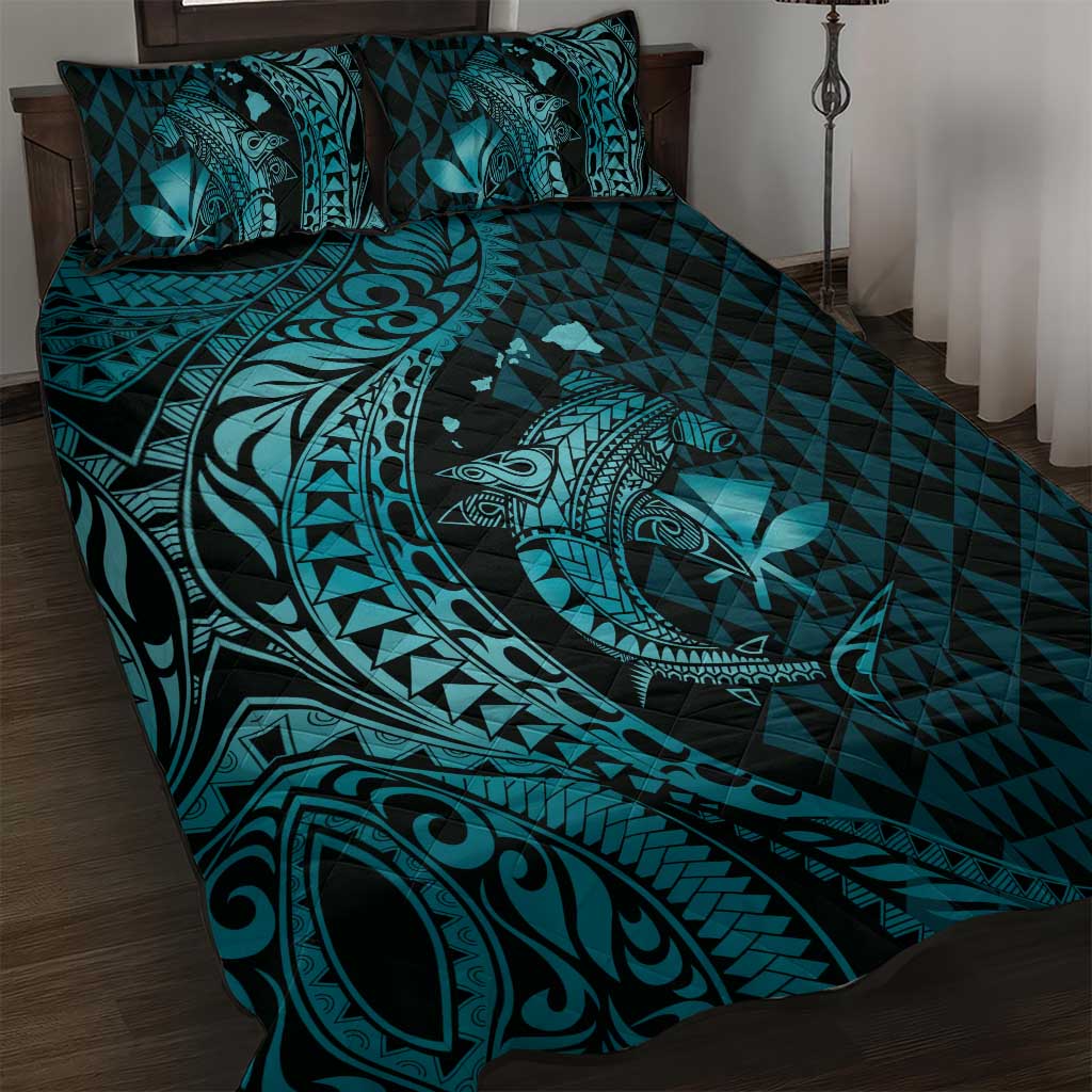 Aloha Hawaii Hammerhead Shark Quilt Bed Set Turquoise Kakau and Polynesian Tattoo LT03 Turquoise - Polynesian Pride