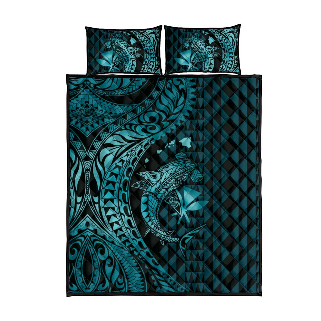 Aloha Hawaii Hammerhead Shark Quilt Bed Set Turquoise Kakau and Polynesian Tattoo LT03 - Polynesian Pride