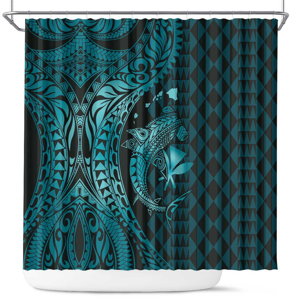 Aloha Hawaii Hammerhead Shark Shower Curtain Turquoise Kakau and Polynesian Tattoo LT03