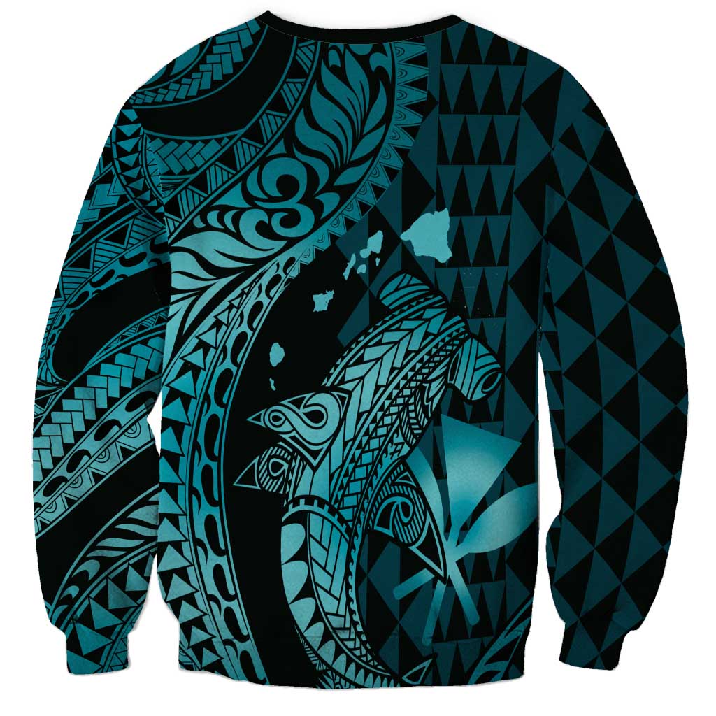 Aloha Hawaii Hammerhead Shark Sweatshirt Turquoise Kakau and Polynesian Tattoo LT03 - Polynesian Pride