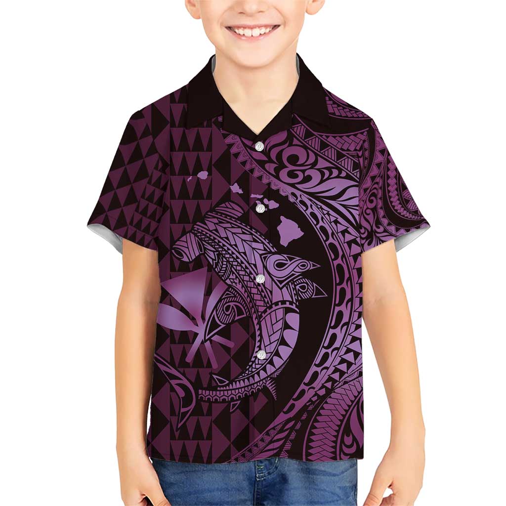 Aloha Hawaii Hammerhead Shark Kid Hawaiian Shirt Purple Kakau and Polynesian Tattoo LT03 Kid Purple - Polynesian Pride