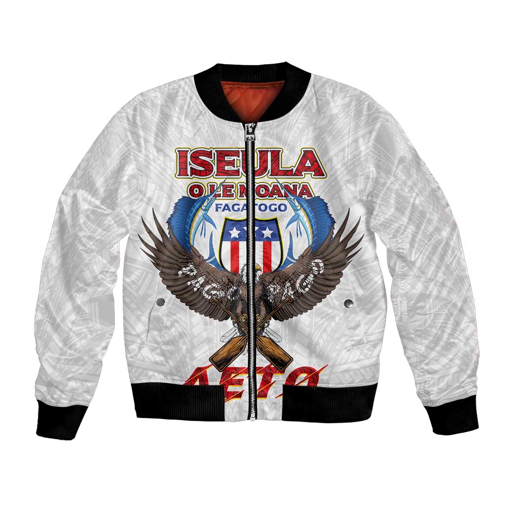 American Samoa Fautasi Bomber Jacket Pago Pago Aeto and Iseula o le Moana of Fagatogo White Color LT03 Unisex White - Polynesian Pride