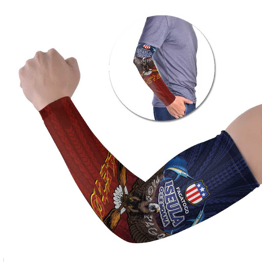 American Samoa Fautasi Arm Sleeves Pago Pago Aeto and Iseula o le Moana of Fagatogo Red-Blue LT03 Set of 2 Blue - Polynesian Pride