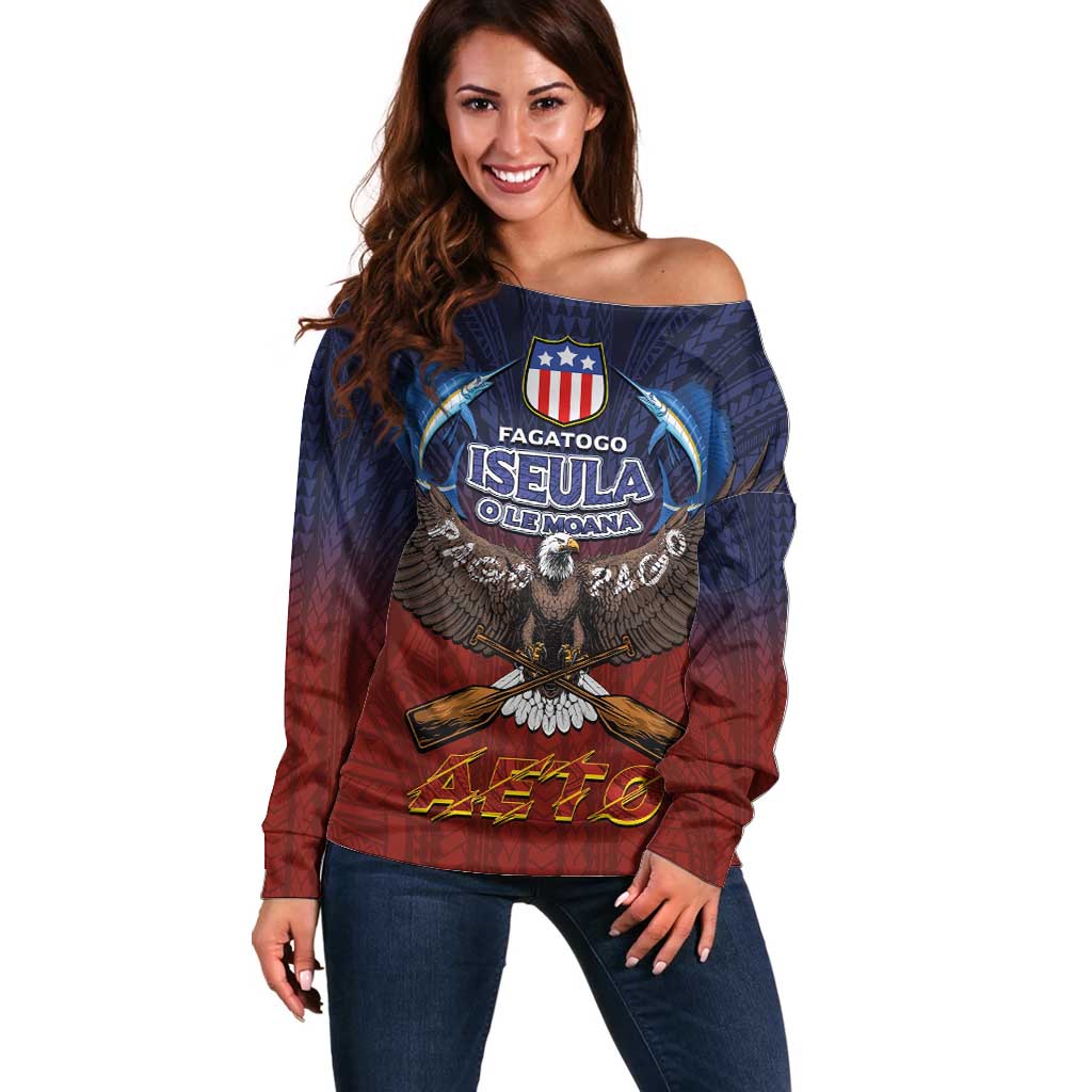 American Samoa Fautasi Off Shoulder Sweater Pago Pago Aeto and Iseula o le Moana of Fagatogo Red-Blue LT03 Women Blue - Polynesian Pride