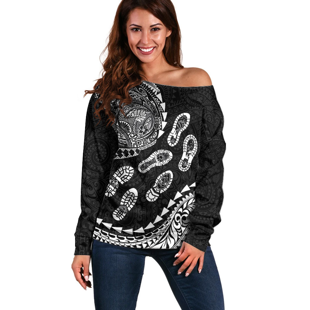 Hawaii Running Off Shoulder Sweater Polynesian Tribal Tattoo LT03 Women Black - Polynesian Pride
