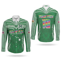 Custom Hawaii Rainbow Warriors Couples Matching Off Shoulder Short Dress and Long Sleeve Button Shirt Polynesian Motif Green Color LT03 - Polynesian Pride