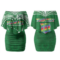 Custom Hawaii Rainbow Warriors Couples Matching Off Shoulder Short Dress and Long Sleeve Button Shirt Polynesian Motif Green Color LT03 - Polynesian Pride