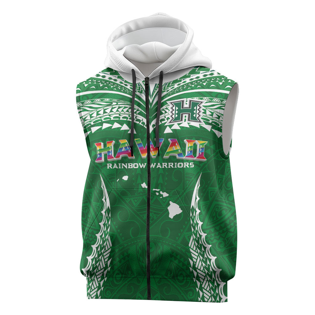 Custom Hawaii Rainbow Warriors Sleeveless Zip Hoodie Polynesian Motif Green Color LT03 Green - Polynesian Pride