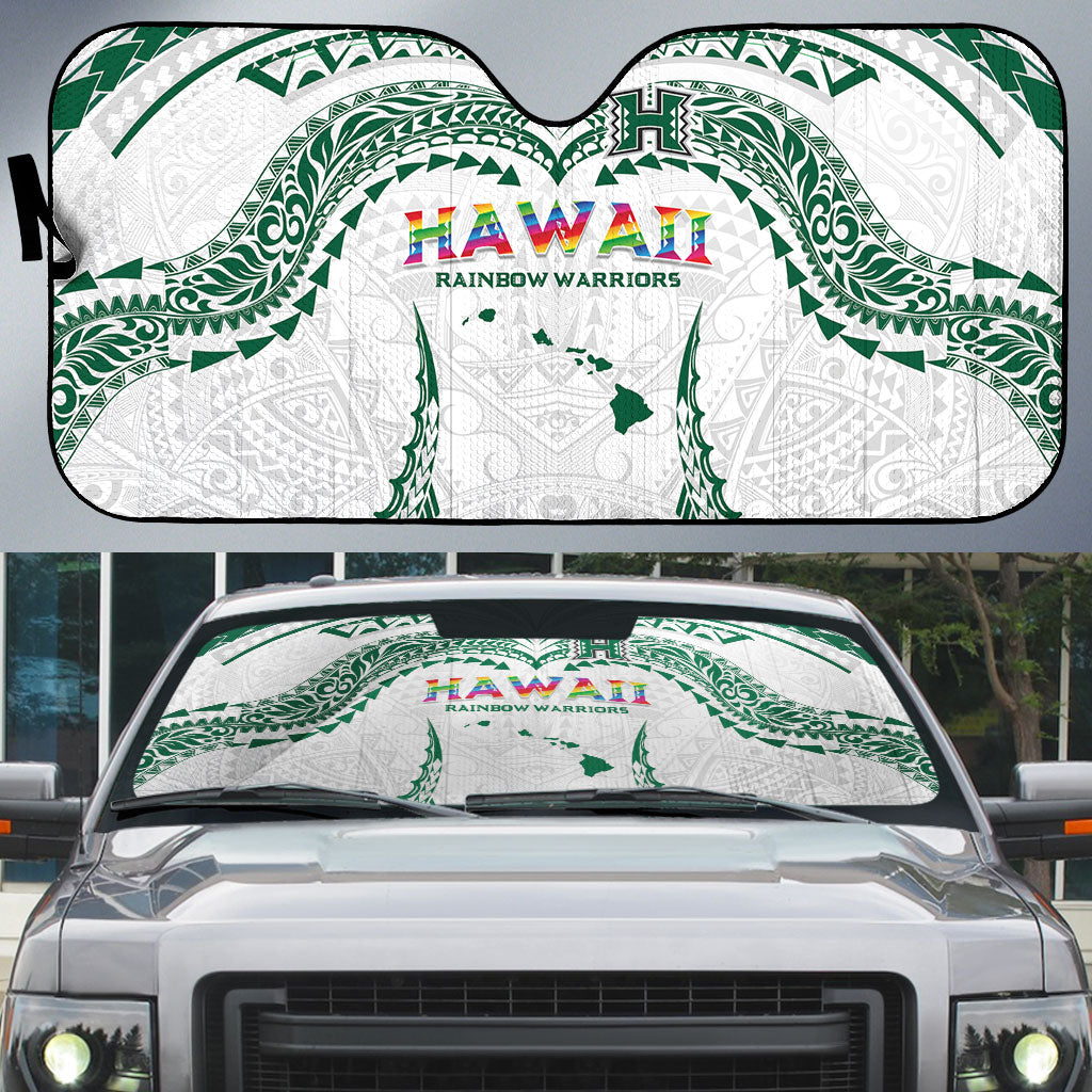 Hawaii Rainbow Warriors Auto Sun Shade Polynesian Motif White Color LT03 White - Polynesian Pride