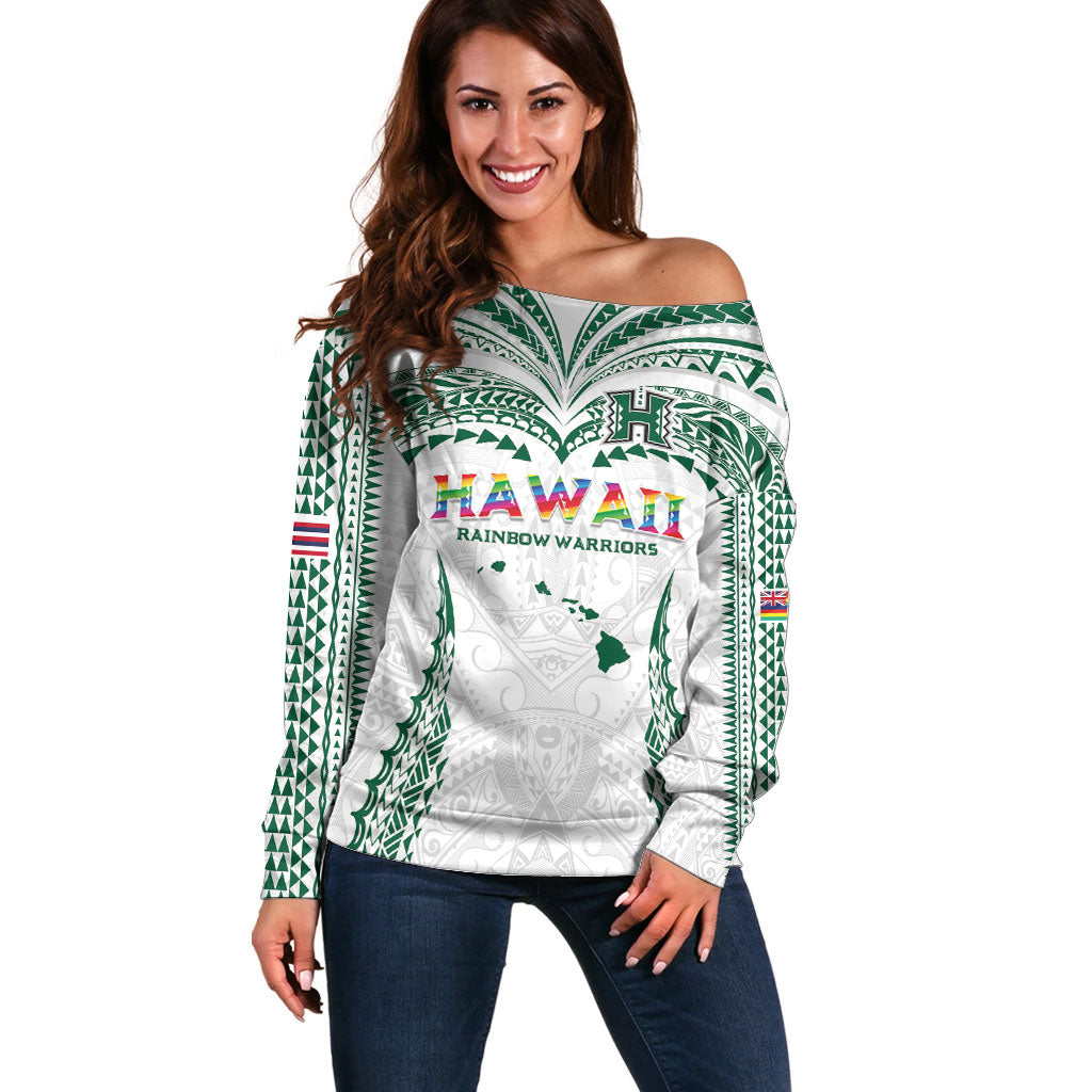 Custom Hawaii Rainbow Warriors Off Shoulder Sweater Polynesian Motif White Color LT03 Women White - Polynesian Pride