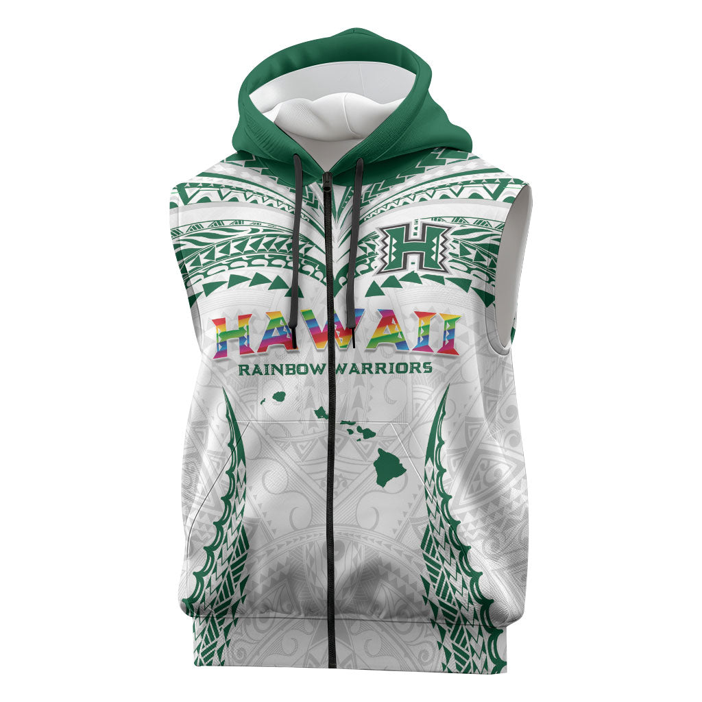Custom Hawaii Rainbow Warriors Sleeveless Zip Hoodie Polynesian Motif White Color LT03 White - Polynesian Pride