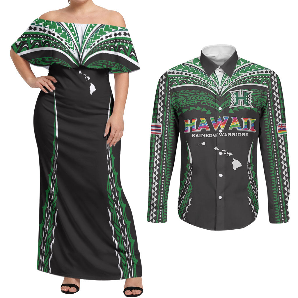 Custom Hawaii Rainbow Warriors Couples Matching Off Shoulder Maxi Dress and Long Sleeve Button Shirt Polynesian Motif Black Color LT03 Black - Polynesian Pride