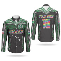 Custom Hawaii Rainbow Warriors Couples Matching Off Shoulder Maxi Dress and Long Sleeve Button Shirt Polynesian Motif Black Color LT03 - Polynesian Pride