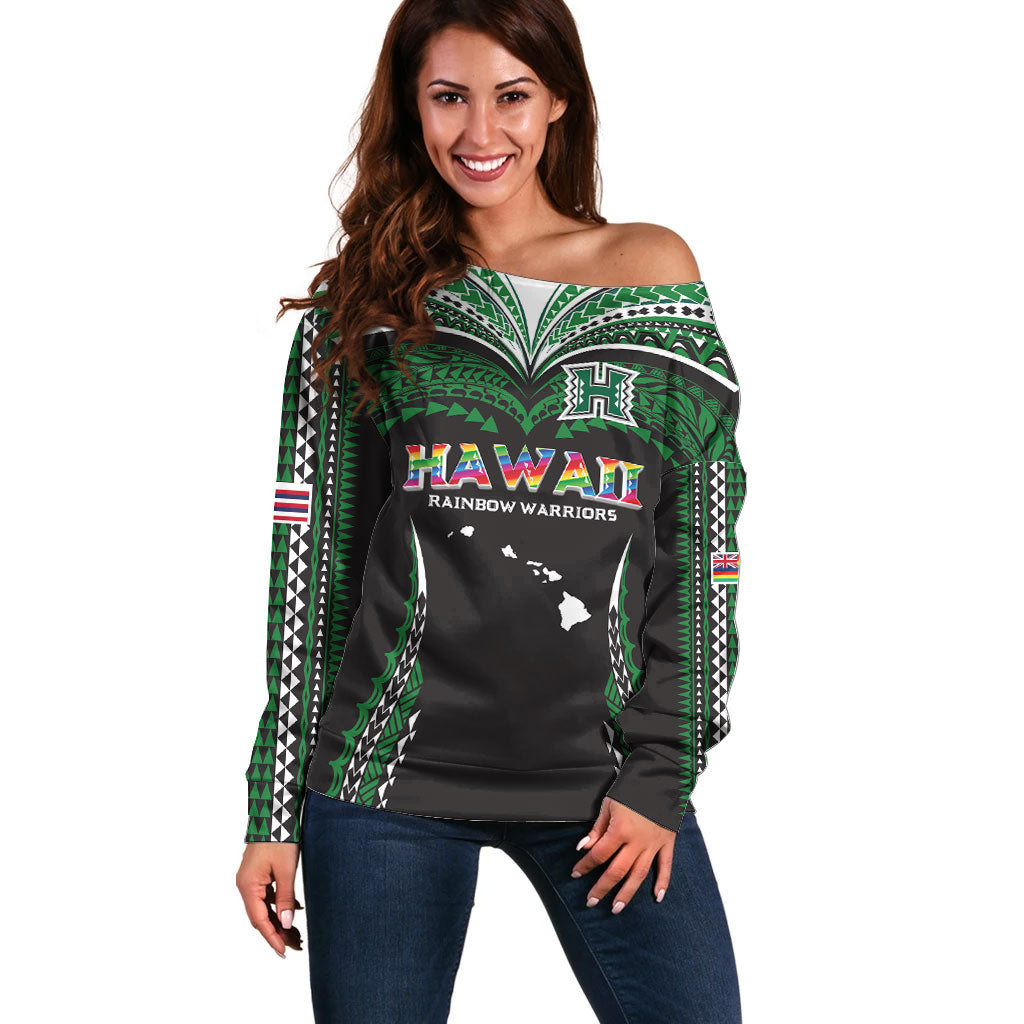 Custom Hawaii Rainbow Warriors Off Shoulder Sweater Polynesian Motif Black Color LT03 Women Black - Polynesian Pride