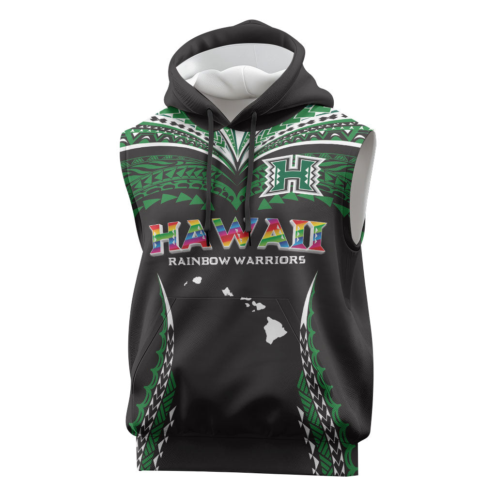 Custom Hawaii Rainbow Warriors Sleeveless Hoodie Polynesian Motif Black Color