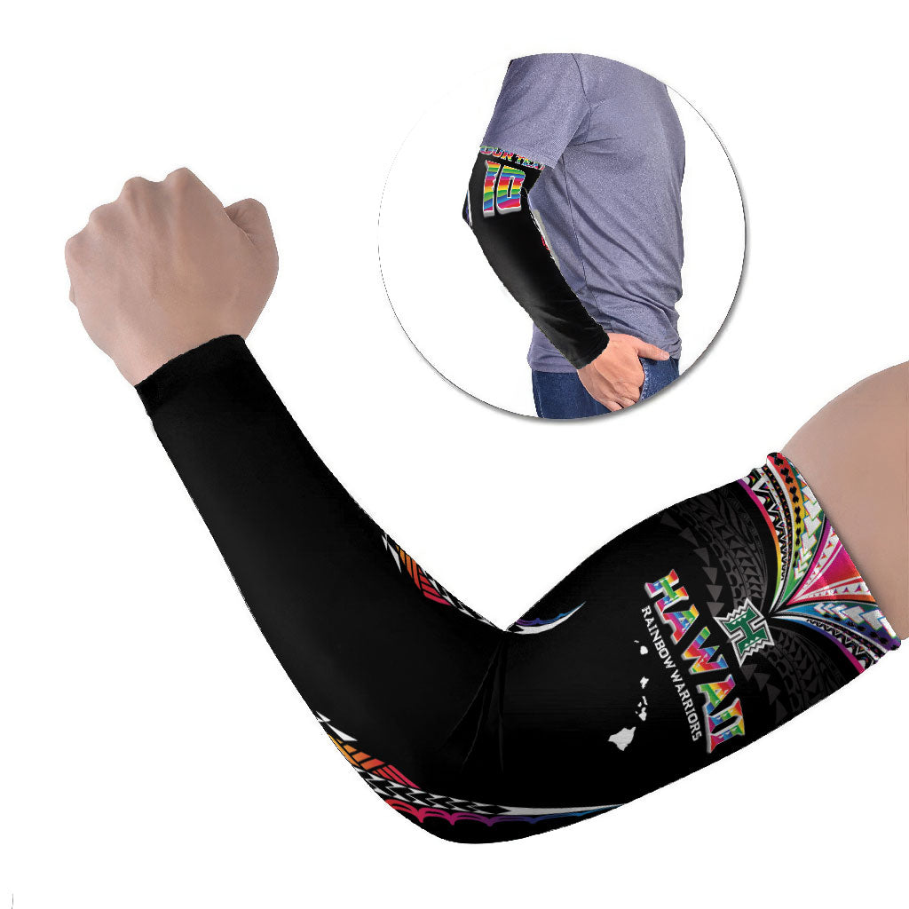 Custom Hawaii Rainbow Warriors Arm Sleeves Polynesian Motif Special Edition Rainbow Gradient LT03 Set of 2 Black - Polynesian Pride