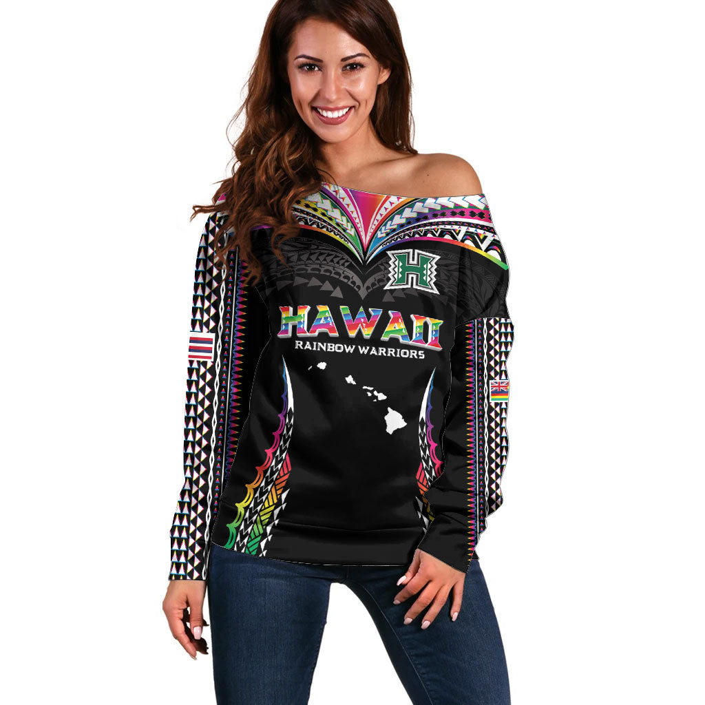Custom Hawaii Rainbow Warriors Off Shoulder Sweater Polynesian Motif Special Edition Rainbow Gradient LT03 Women Black - Polynesian Pride