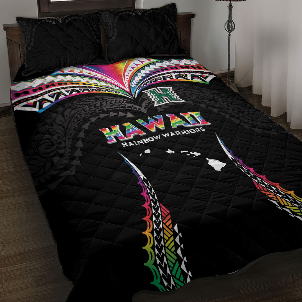 Hawaii Rainbow Warriors Quilt Bed Set Polynesian Motif Special Edition Rainbow Gradient LT03 Black - Polynesian Pride