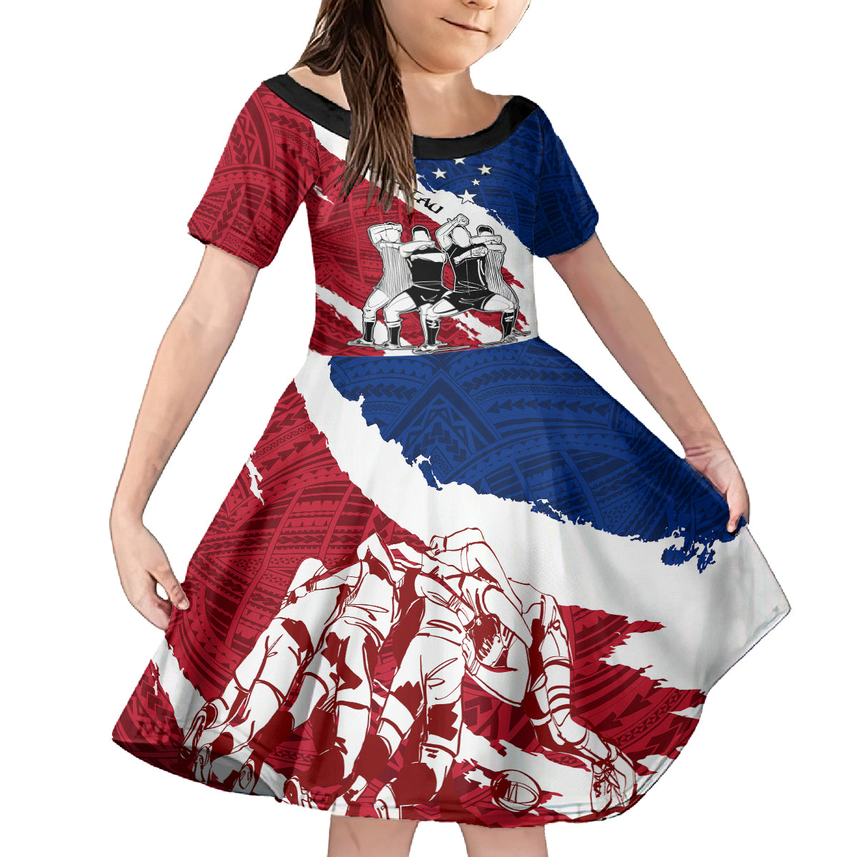 Samoa Rugby Kid Short Sleeve Dress Siva Tau Dance Polynesian Tattoo Brush Style LT03 KID Red - Polynesian Pride